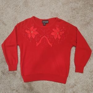 Vintage Rochelle of California Christmas Beaded Poinsettia Sweater Large Red L